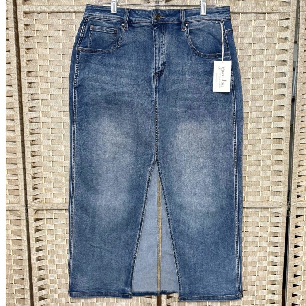 Grace & Lace Stretch Denim Midi Pencil Skirt Size 16 Blue Jean Front Slit NEW